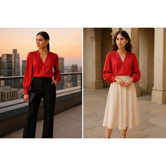 Chelsea28 Red Satin Blouse Large Romantic Holiday Glam Statement Top - Picture 1 of 12